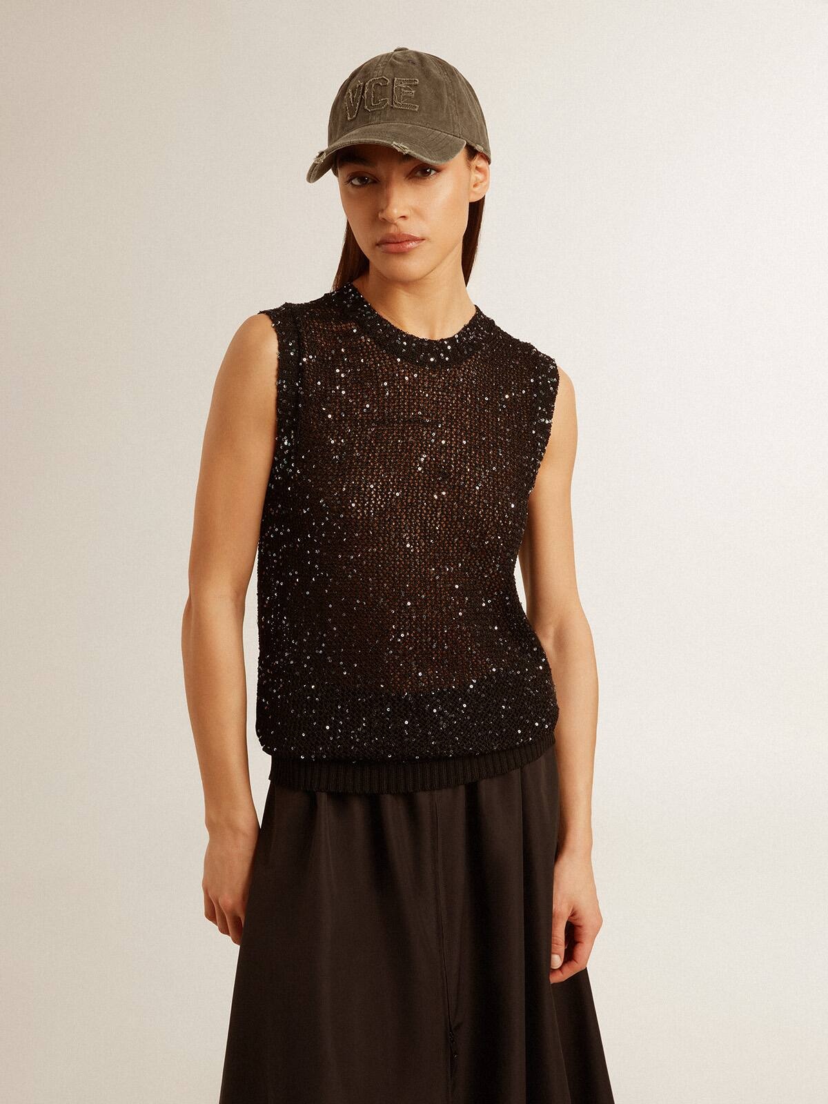 Black mesh knit top with sequins and contrasting details - 2