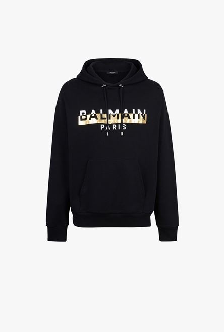 Black eco-designed cotton sweatshirt with white and gold Balmain Paris metallic logo print - 1