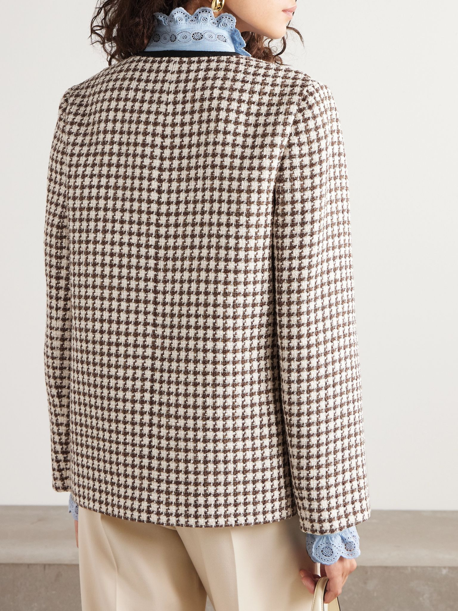 Grosgrain-trimmed houndstooth cotton-blend tweed jacket Cream - 4