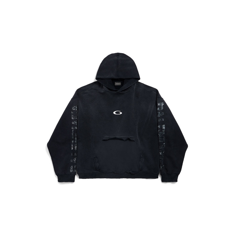 Men's Transparent Tape Ripped Pocket Hoodie in Faded Black/white - 1