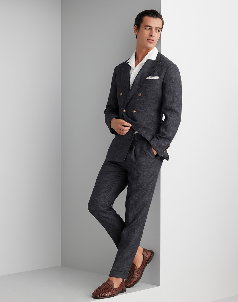Denim-effect linen one-and-a-half breasted blazer with patch pockets and metal buttons 5
