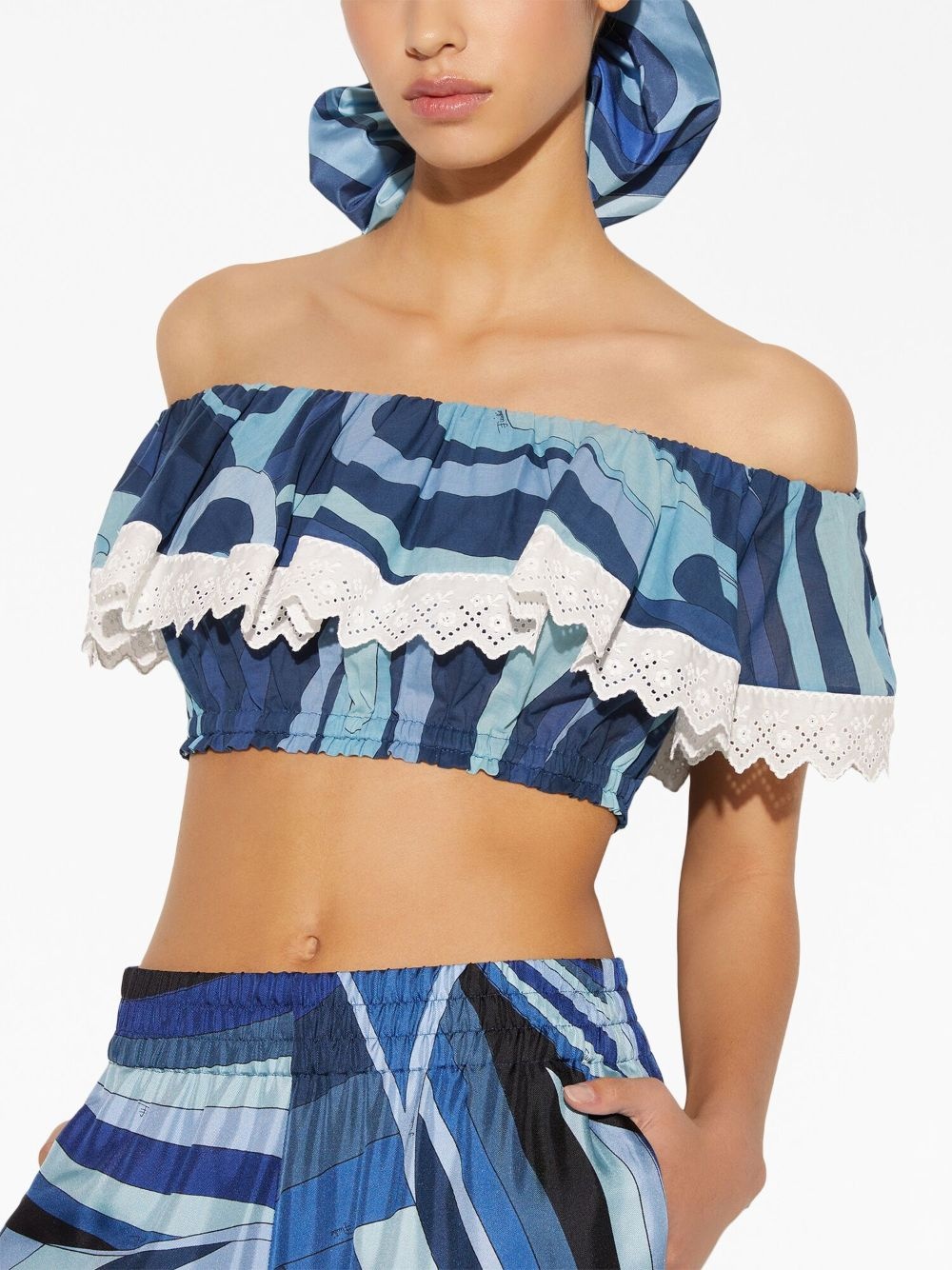 wave-print ruffle-detailing top - 5