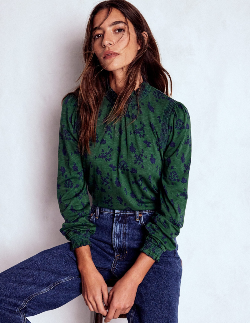 Tia Smocked Neck Jersey Top-Dark Green, Dainty Meadow 3