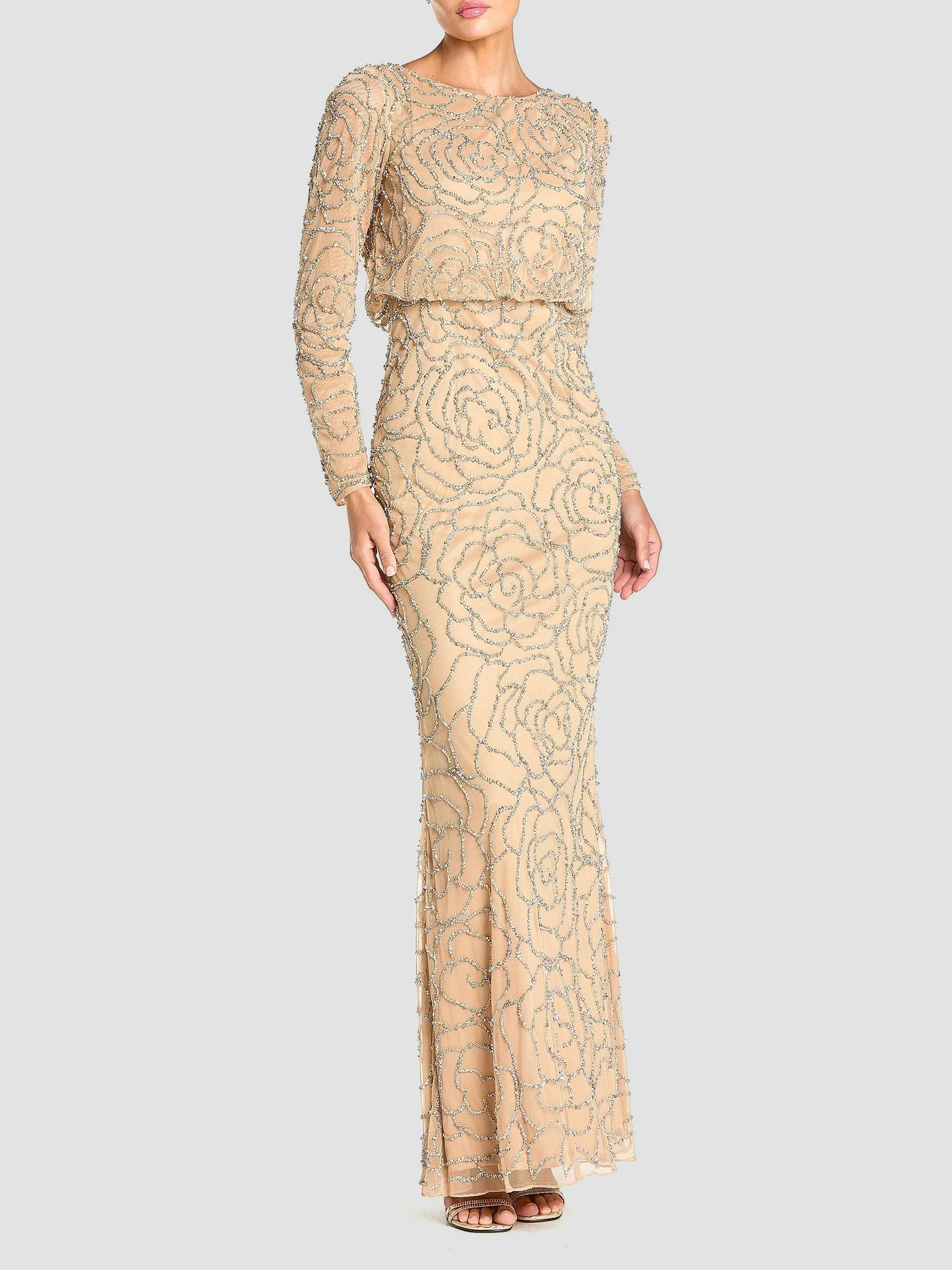 Women's Metallic Floral Gown - Beige Silver - 1