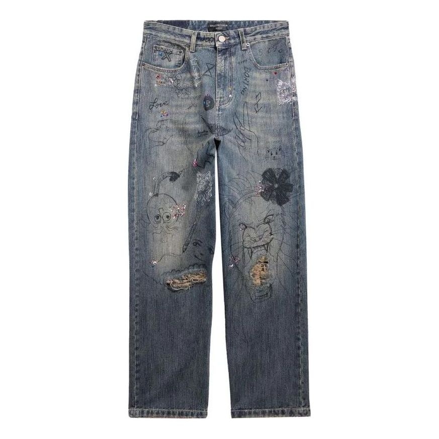 Balenciaga Doodle-Print Straight Denim Pants 'Blue' 746986TOW664036 - 1