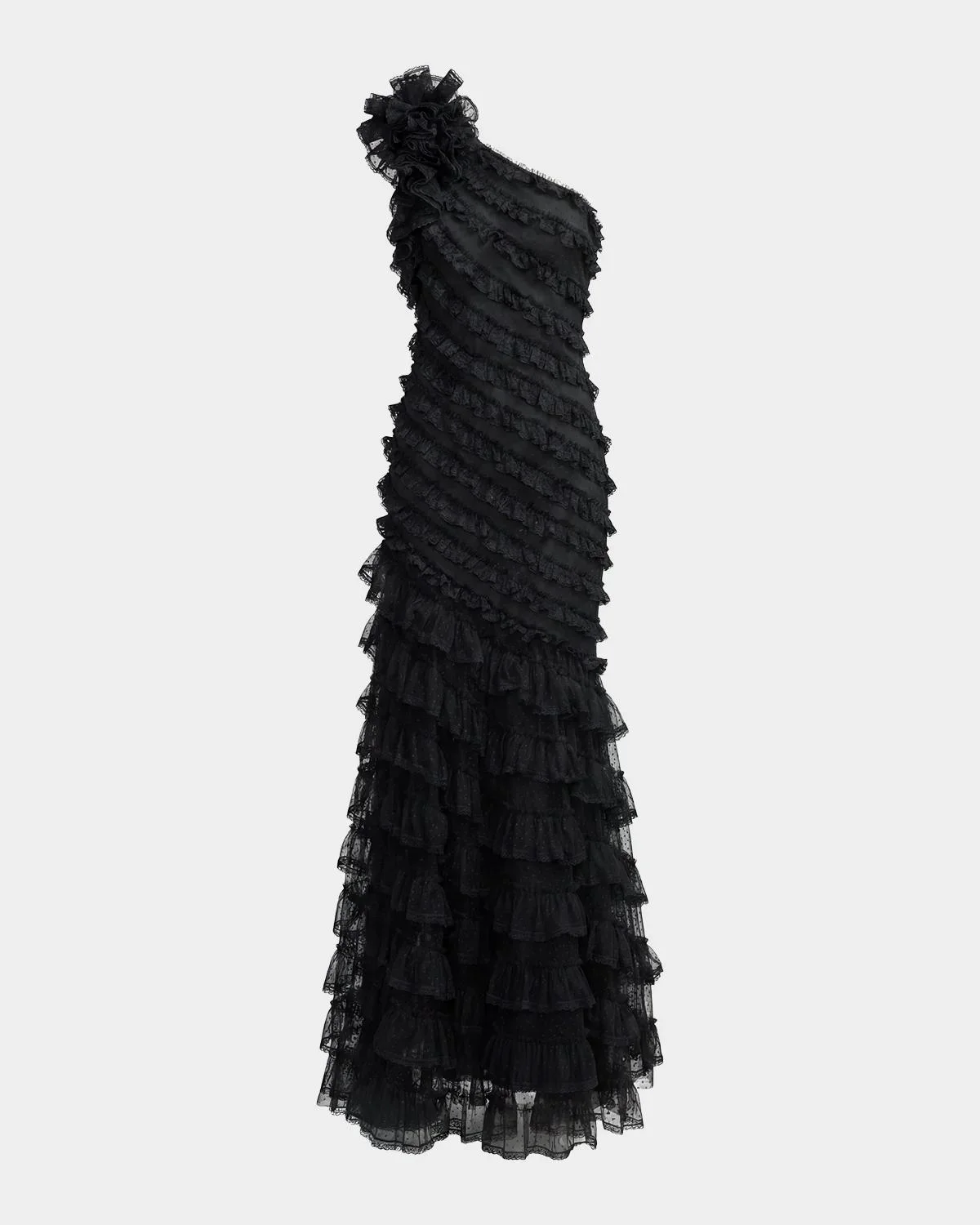 One-Shoulder Mesh-Lace Trumpet Gown - 1