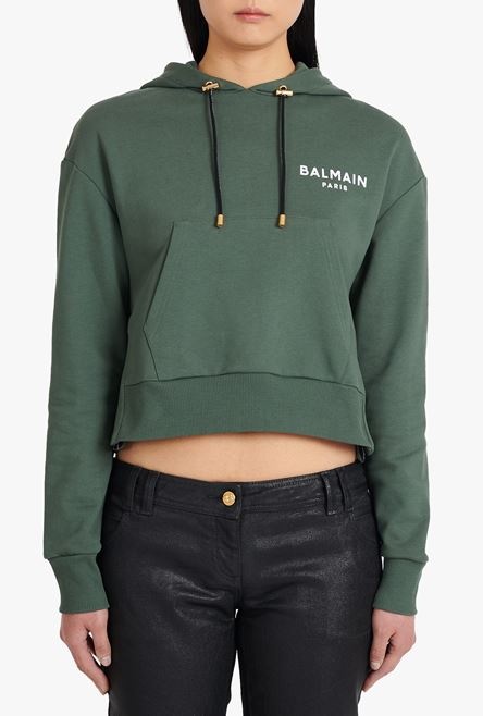 Cropped dark khaki eco-designed cotton sweatshirt with flocked white Balmain logo - 5