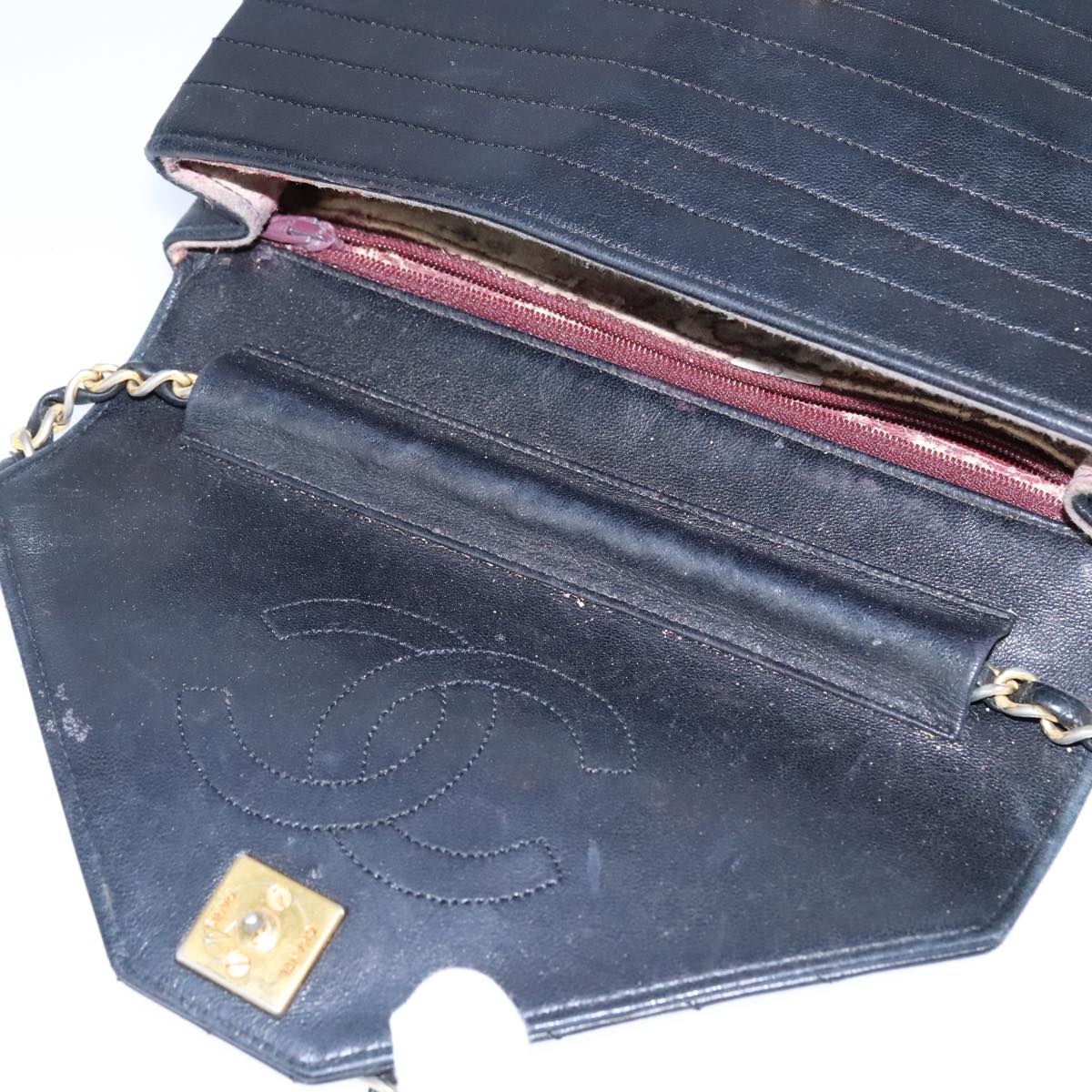 CHANEL Mademoiselle Chain Shoulder Bag Lamb Skin Black Gold CC - 9