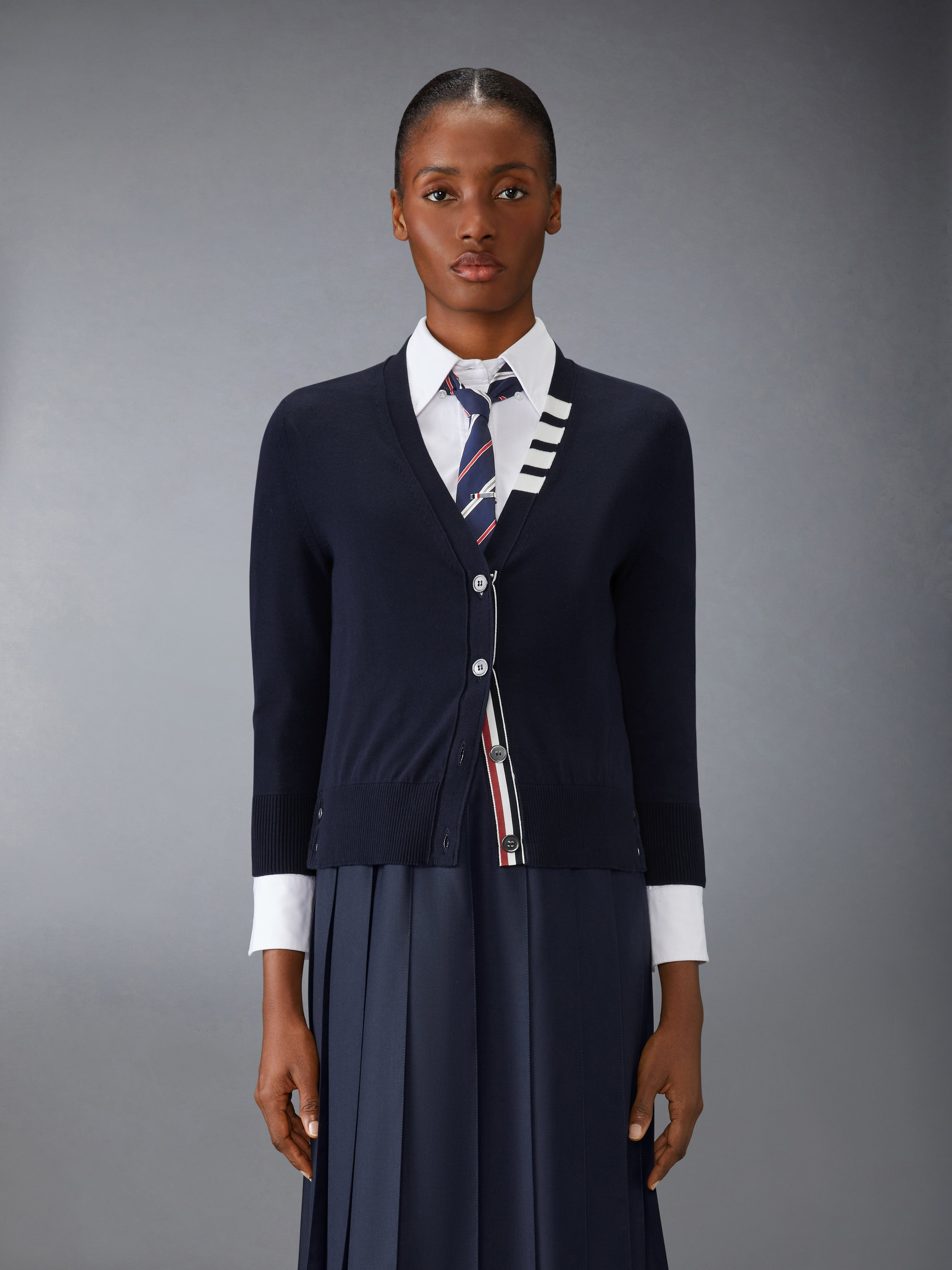 COTTON 4-BAR V NECK CARDIGAN - 2