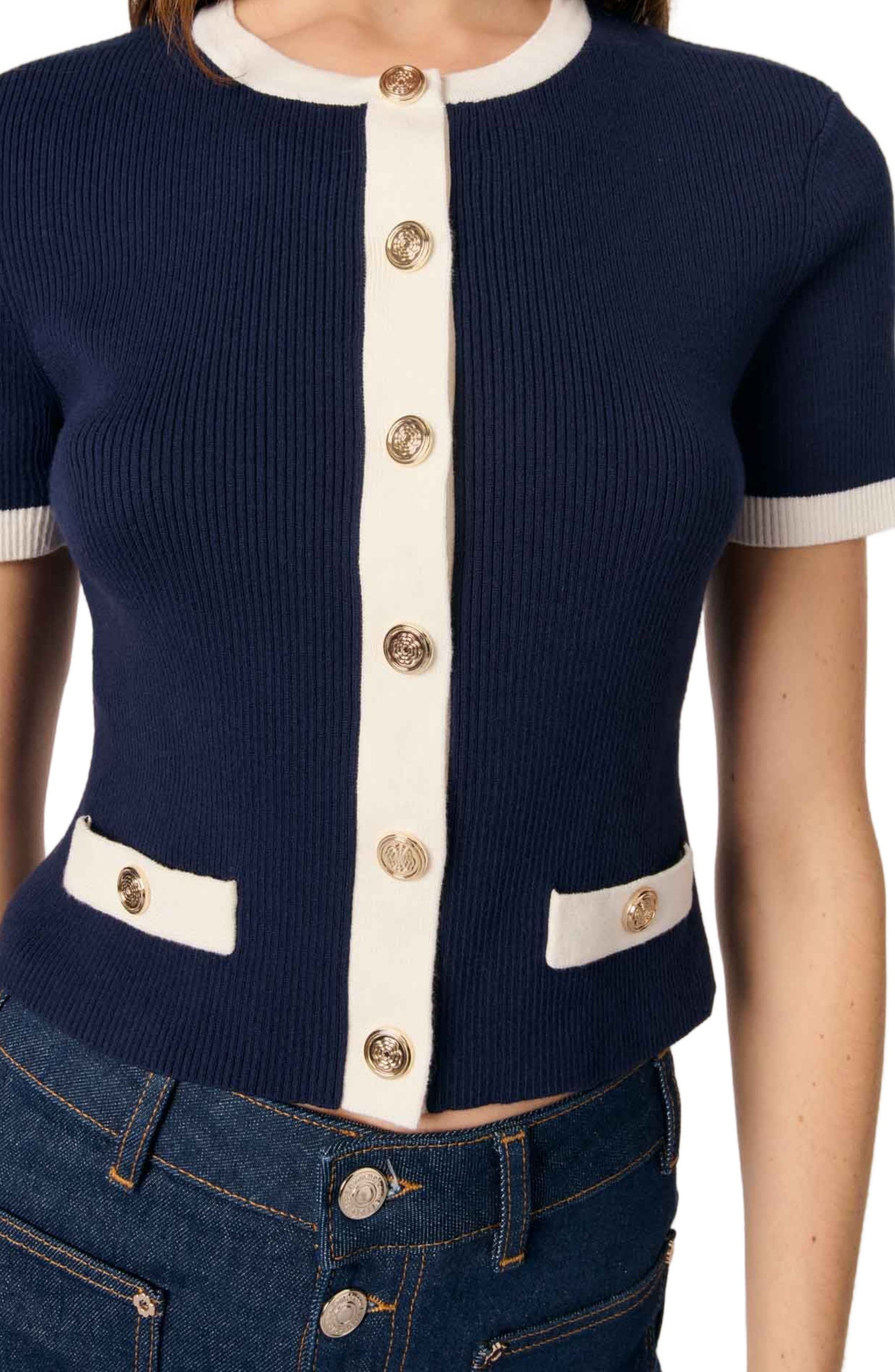 maje Cropped short sleeve cardigan in Navy /Ecru at Nordstrom - 6