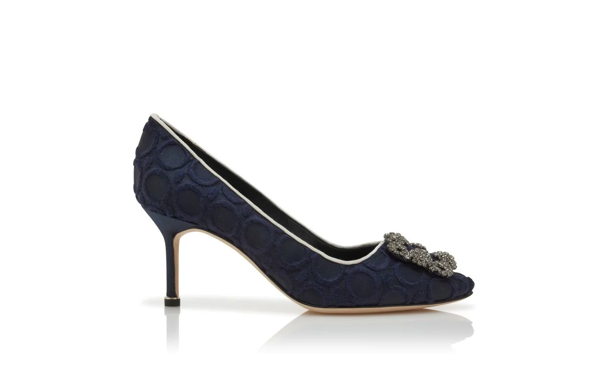 Navy Blue Silk Jewel Buckle Pumps - 1