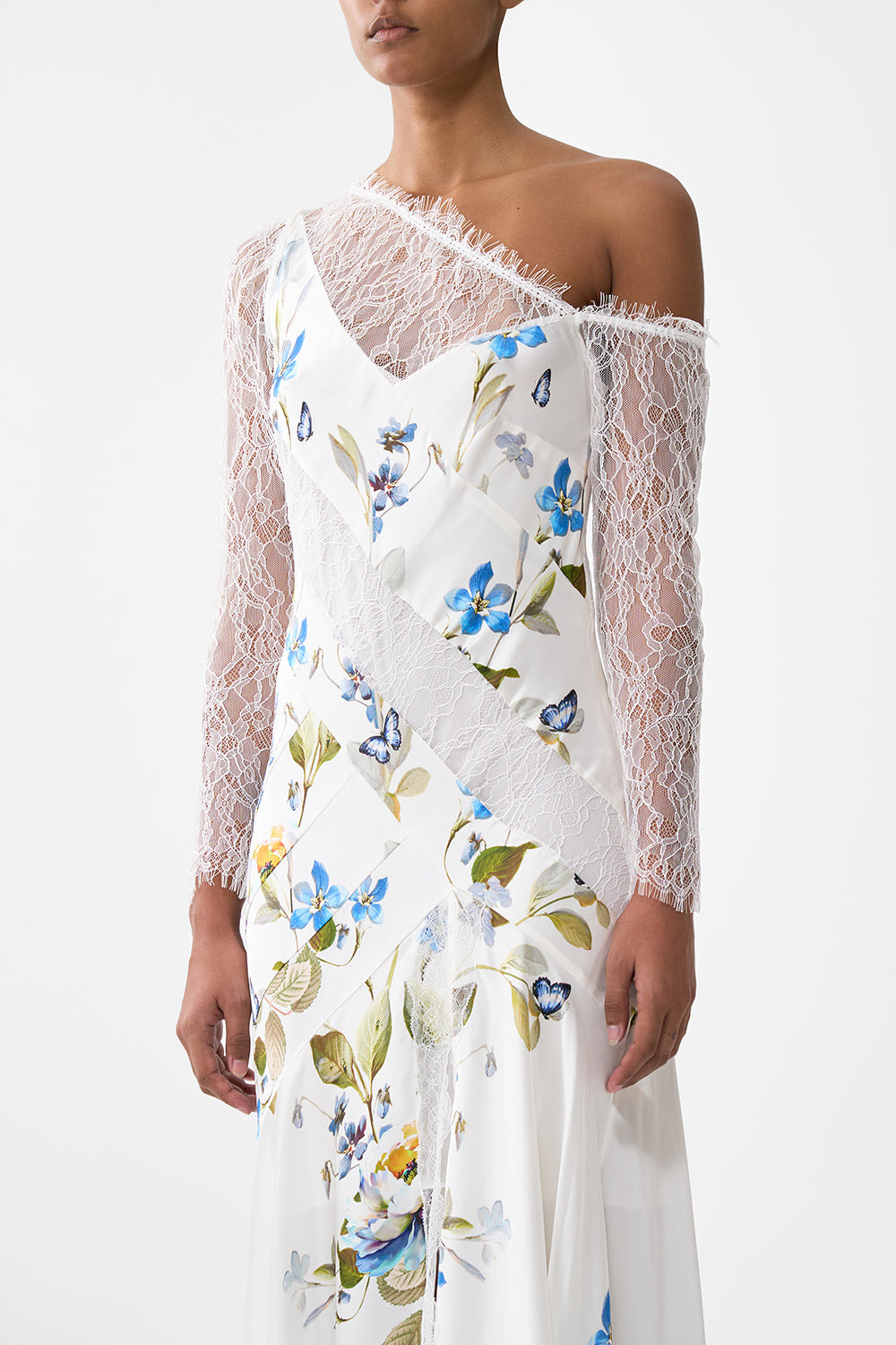LACE SPLICE ONE SHOULDER DRESS - 5