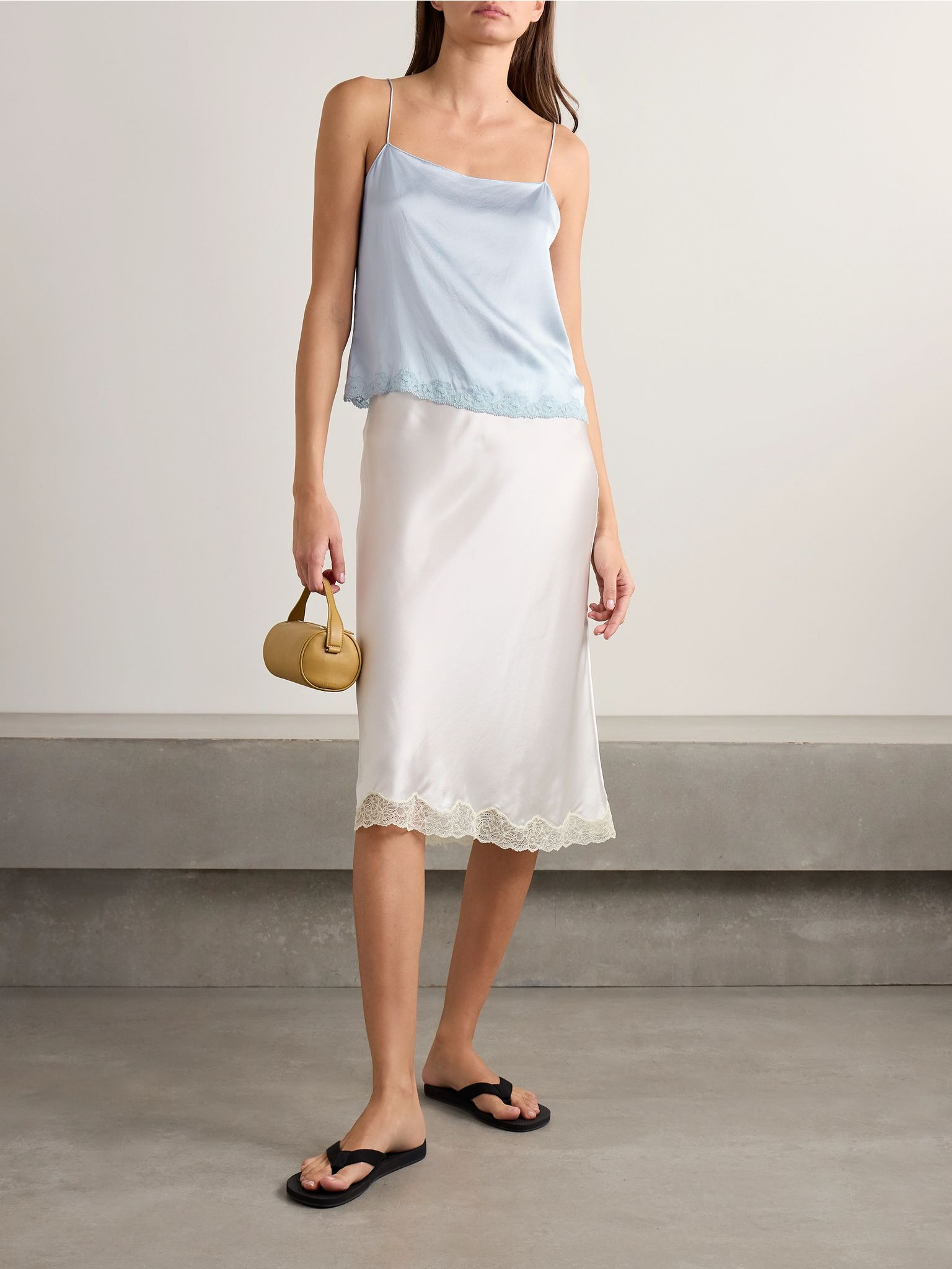 Kilari cotton-blend lace-trimmed silk-charmeuse camisole Light blue - 2