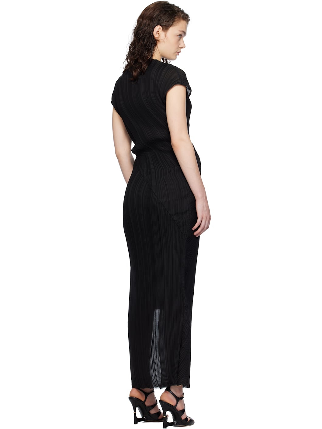 Black Asymmetrical Pleated Maxi Dress - 3