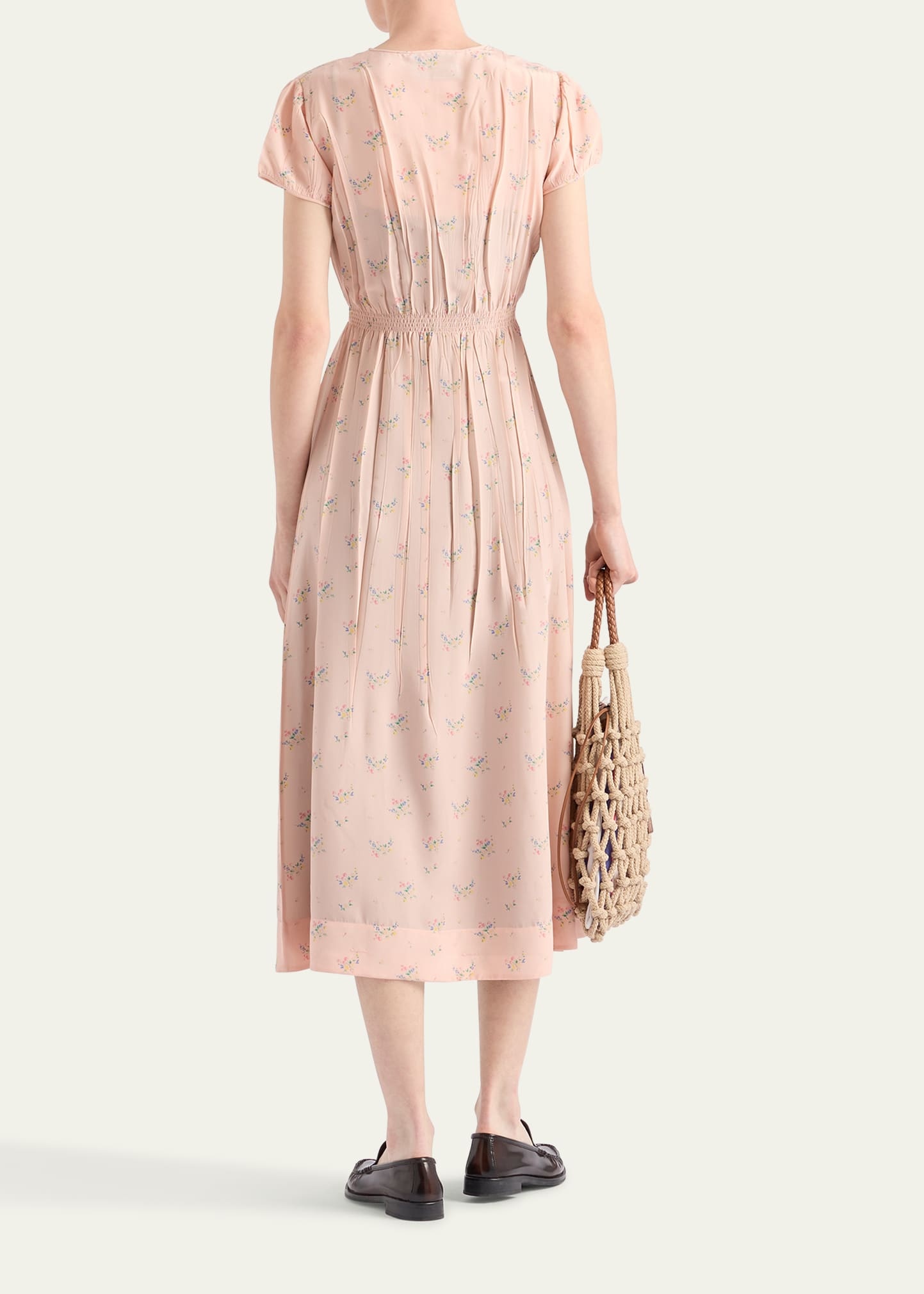 Flower-Print Silk Ponge Short-Sleeve Midi Dress - 3