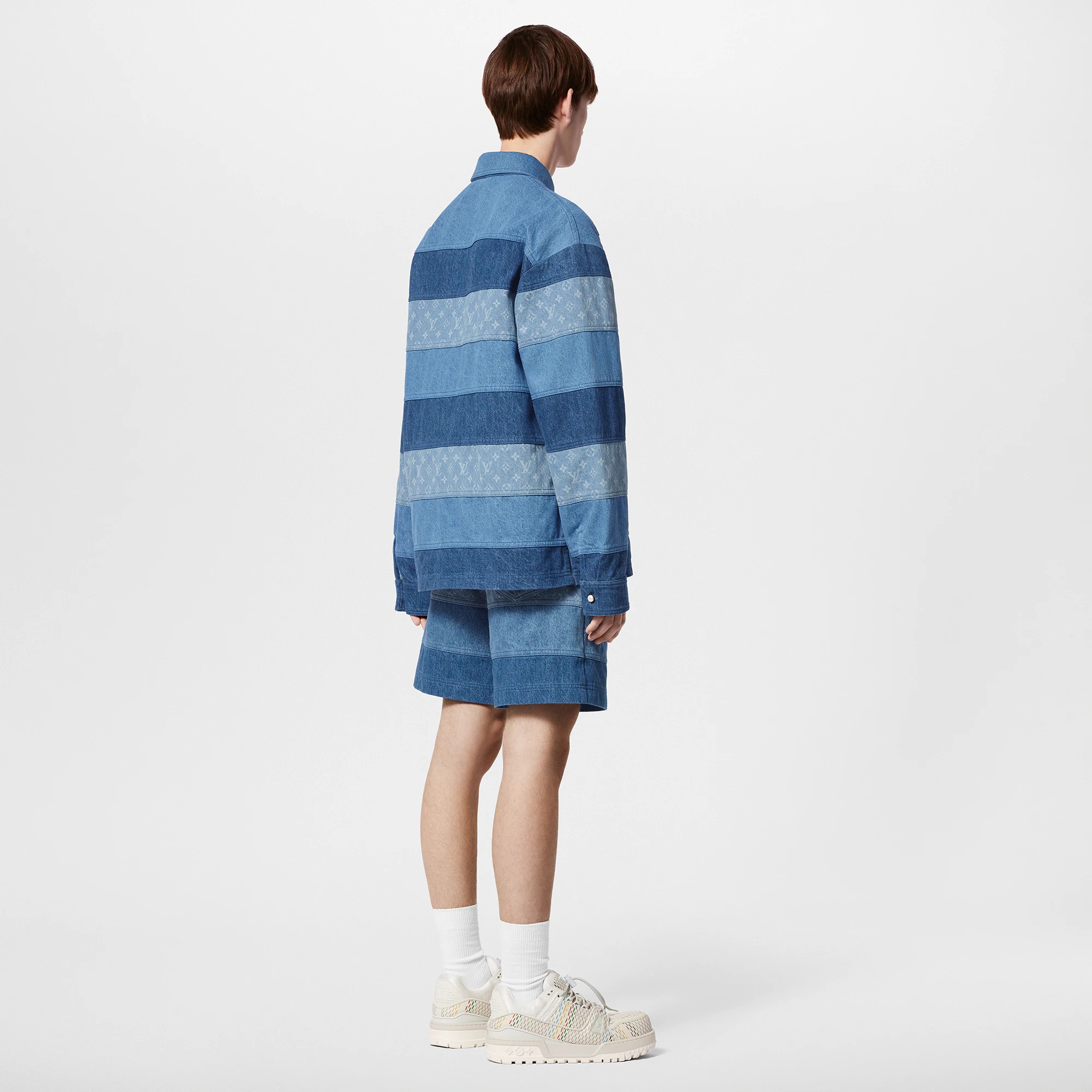 Patchwork Long-Sleeved Denim Polo Shirt - 3