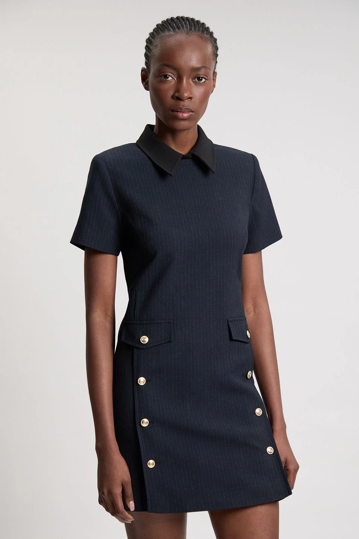 Pinstripe Collared Mini Dress - 1