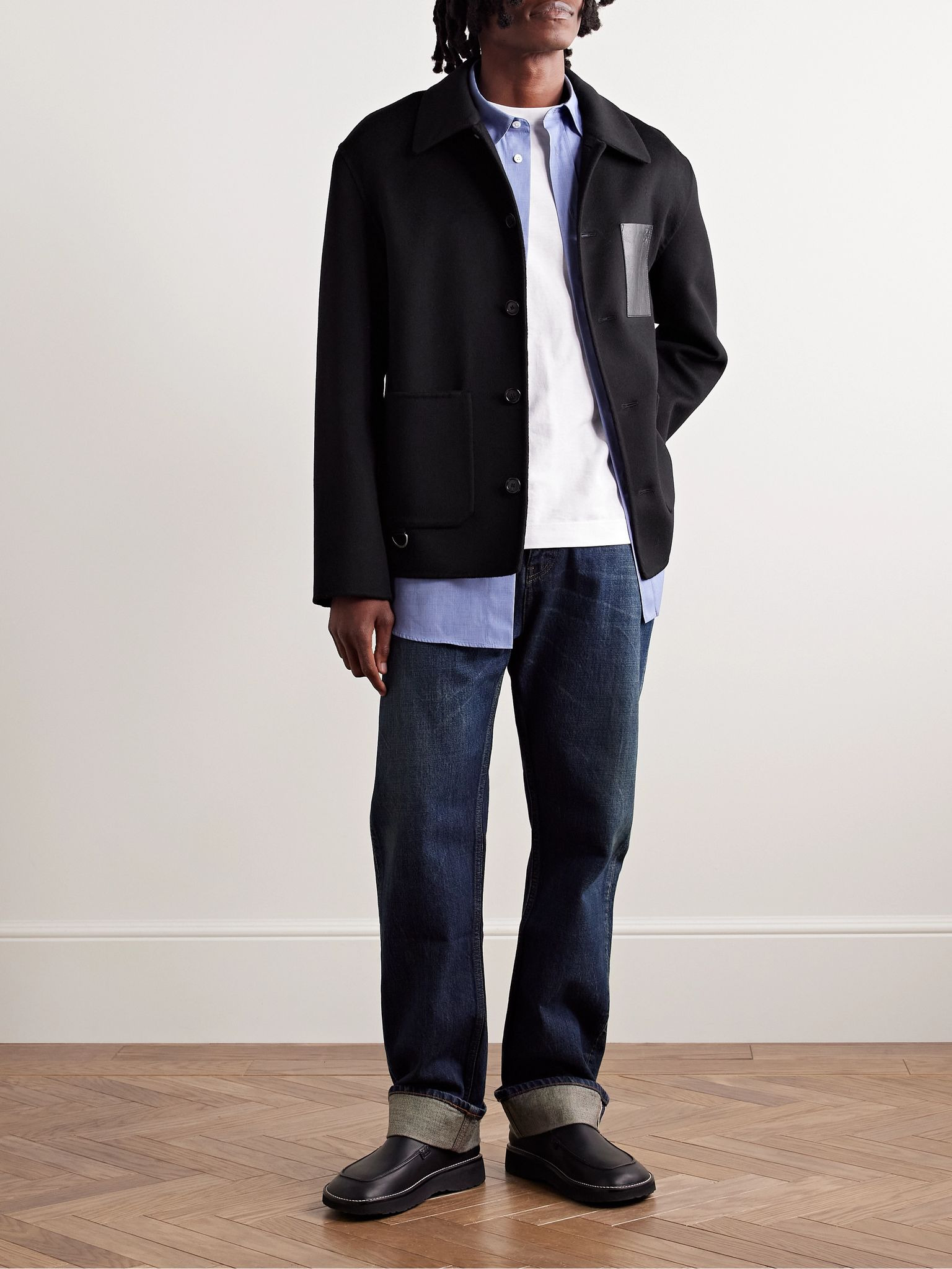 Leather-Trimmed Wool and Cashmere-Blend Overshirt Black - 2
