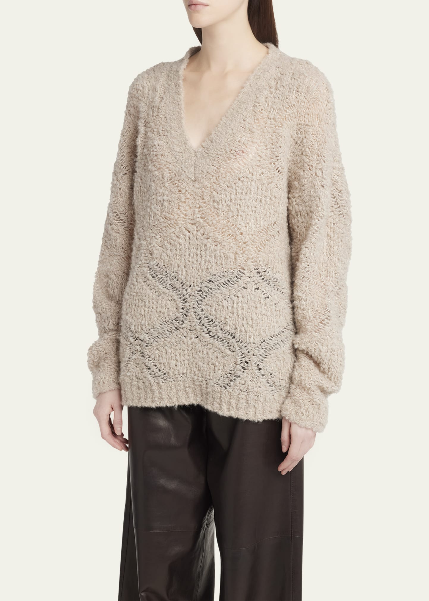 V-Neck Wool Cashmere Open-Knit Sweater - 4
