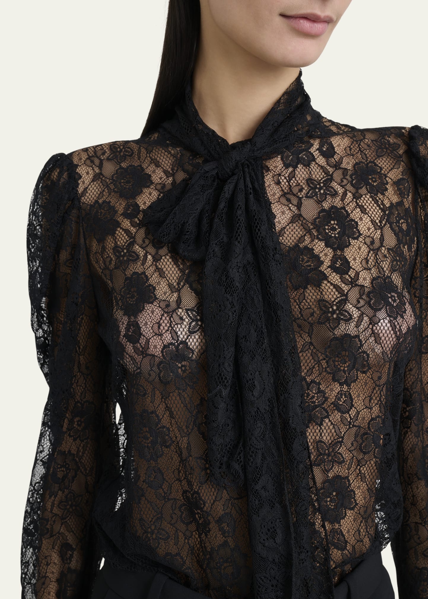 Tie-Neck Lace Button-Down Blouse - 5