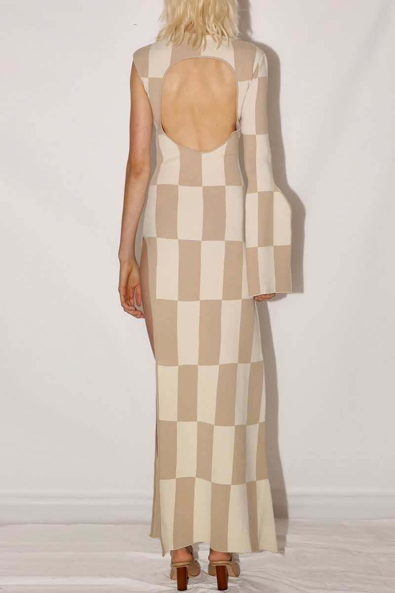 A.W.A.K.E. MODE MAXI KNIT CHECK DRESS IVORY BEIGE outlook