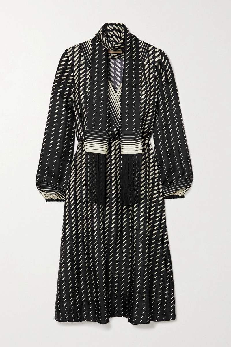Fringed tie-detailed printed silk-twill midi dress - 1