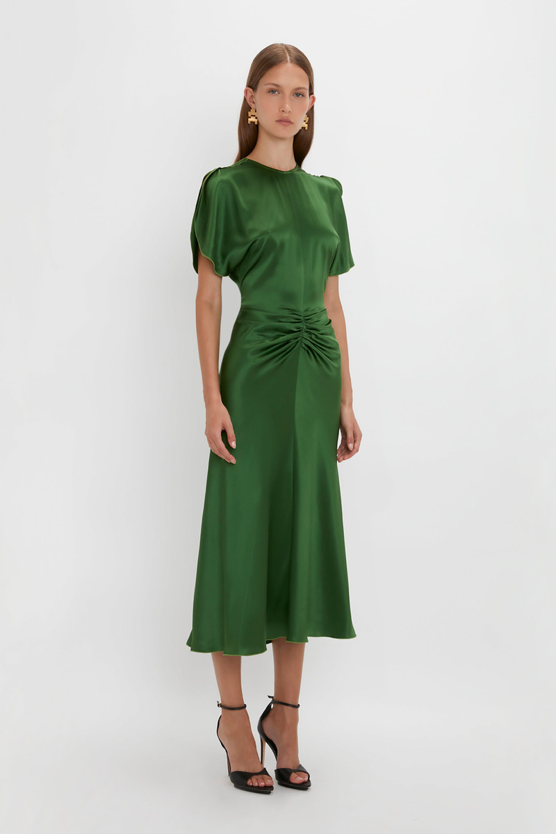 Gathered Waist Midi Dress In Emerald 3