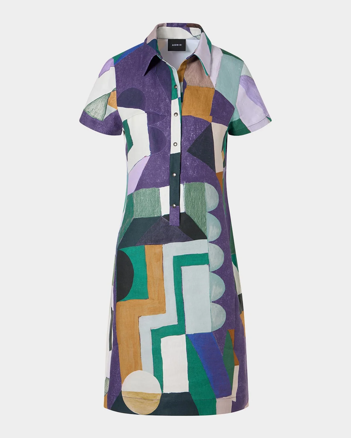 Abstract-Print Linen Short-Sleeve Polo Dress - 1