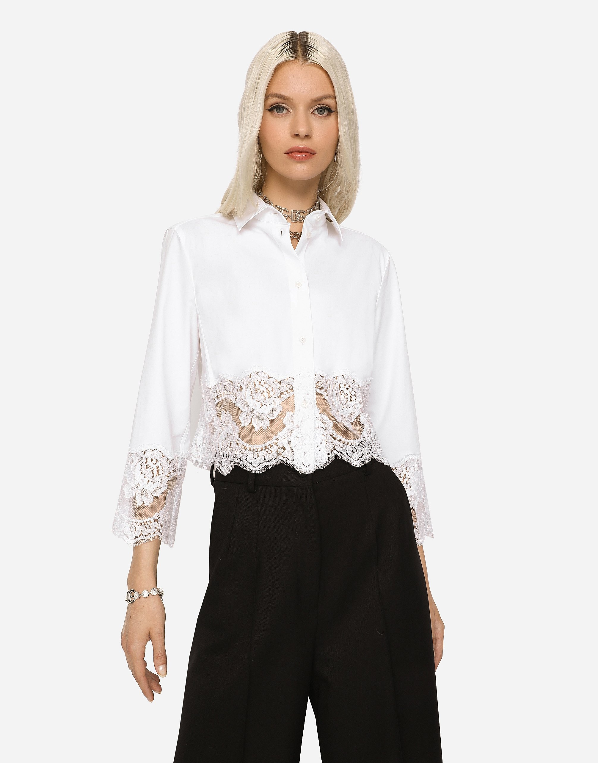 Cropped poplin shirt with lace inserts - 5