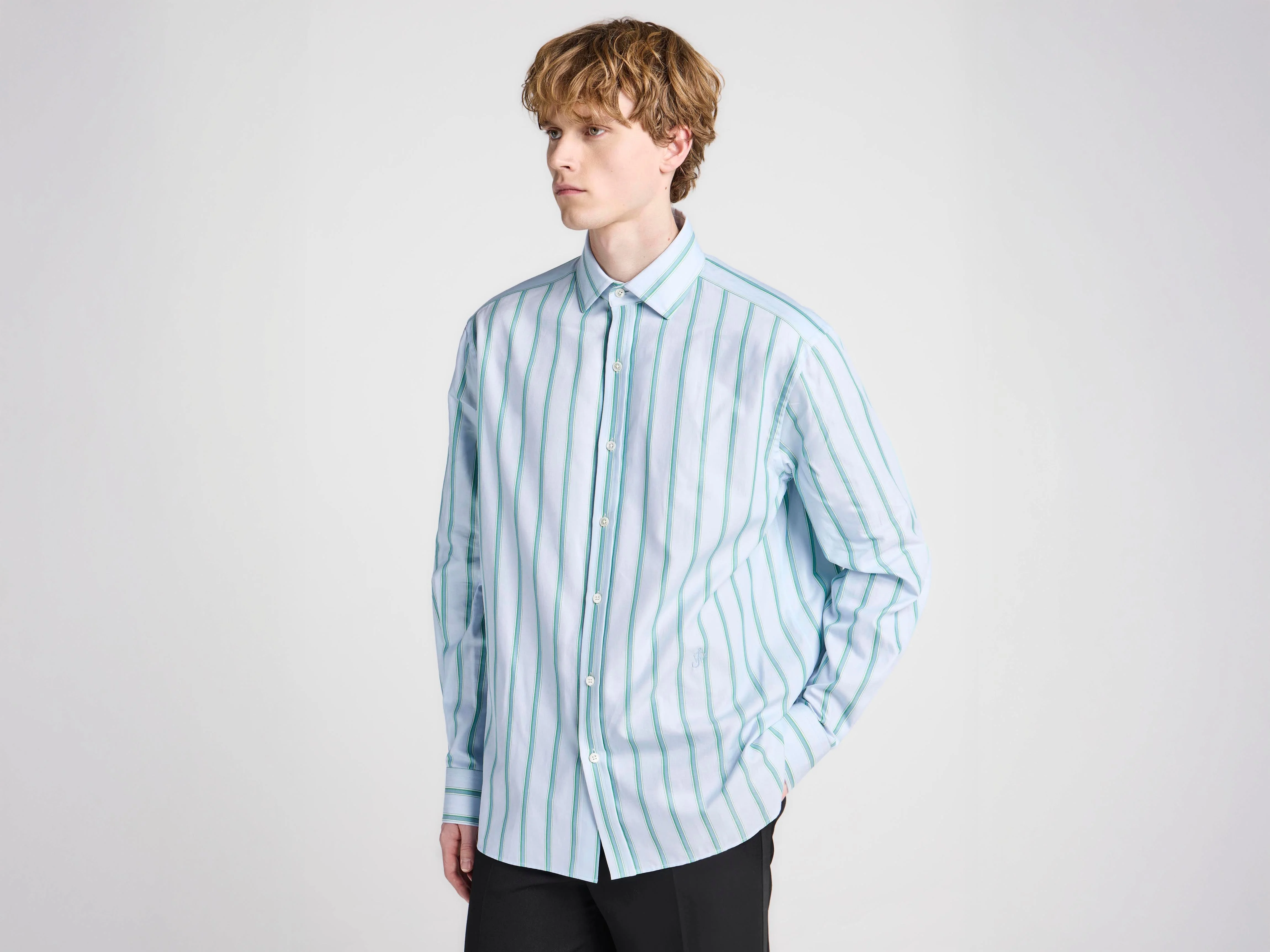 MENS STRIPED DRESS SHIRT IN BLUE & GREEN - 1