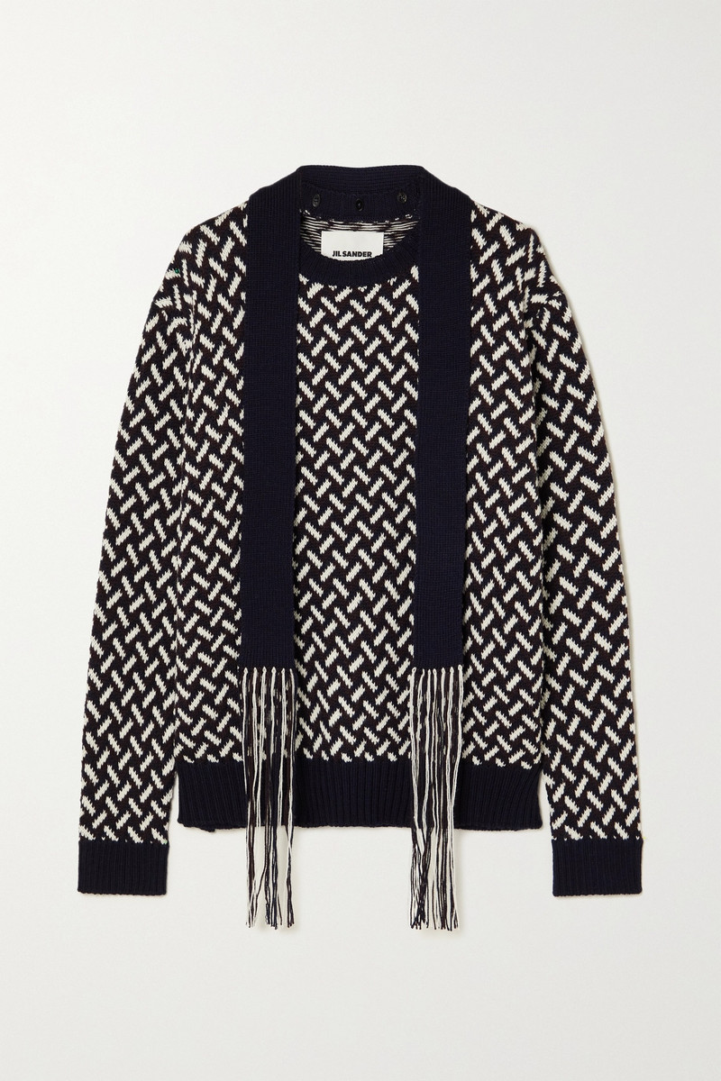 Jil Sander Fringed tie-neck intarsia wool sweater outlook