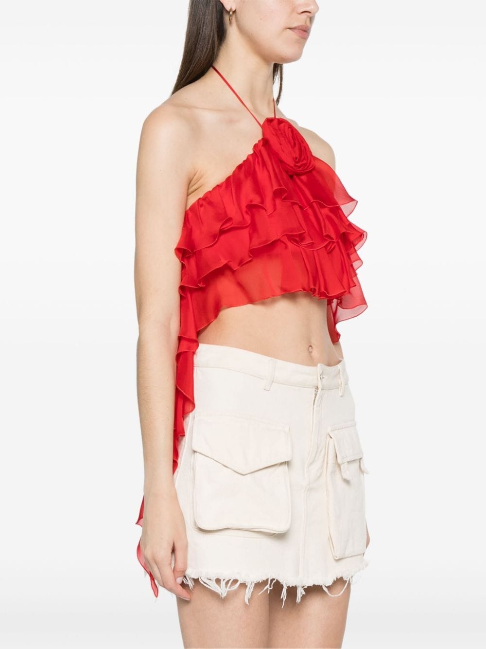 sash-detail ruffled crop top - 3