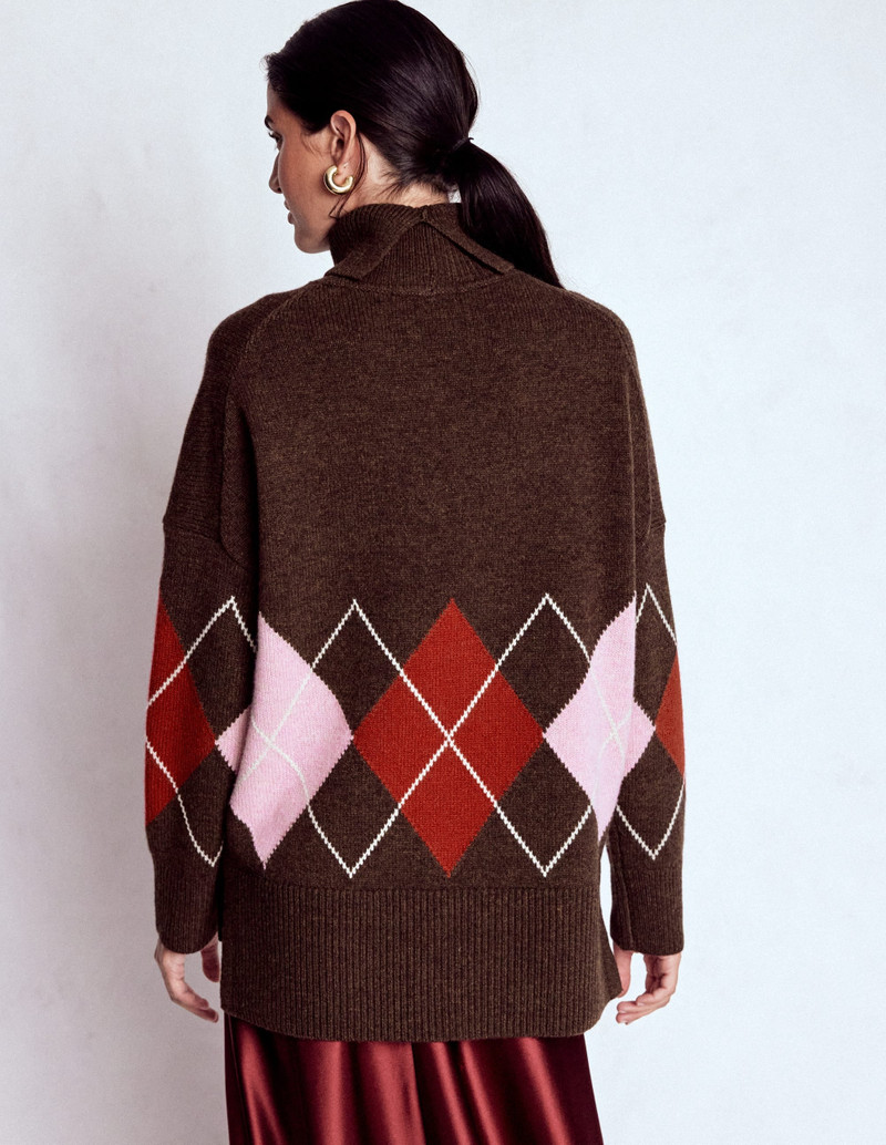 Polly Merino Roll Neck Sweater-Brown, Pink Argyle 5