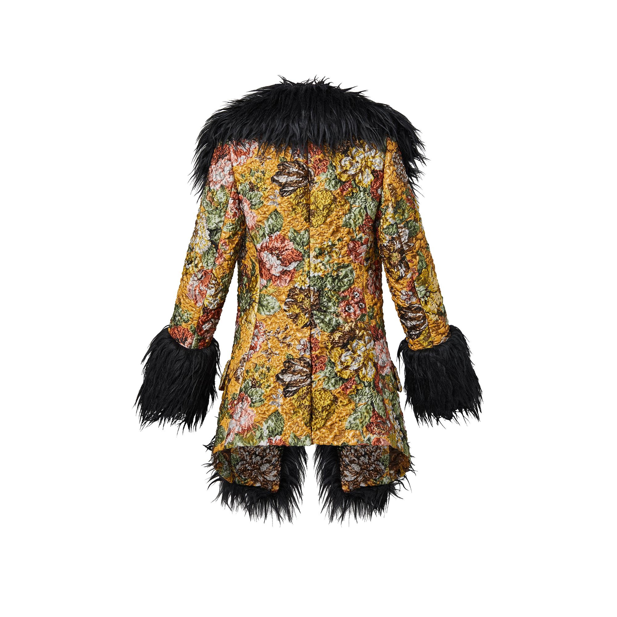 Faux Fur Trim Vintage Flower Coat - 3