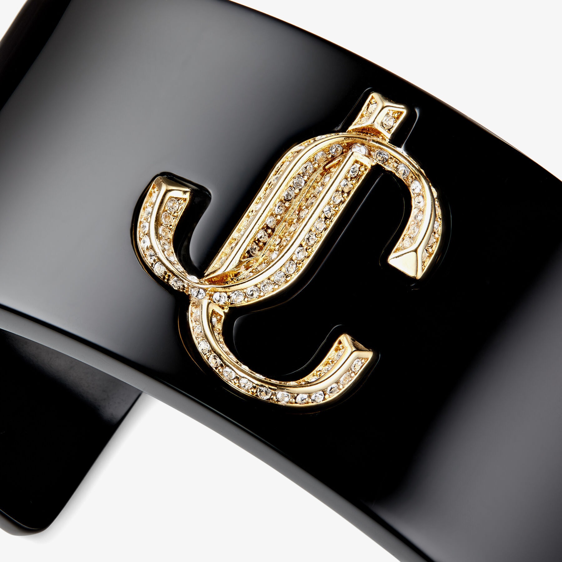 JC Cuff
Black Acrylic Cuff Bracelet with Gold-Finish Metal and Crystal JC Emblem - 5