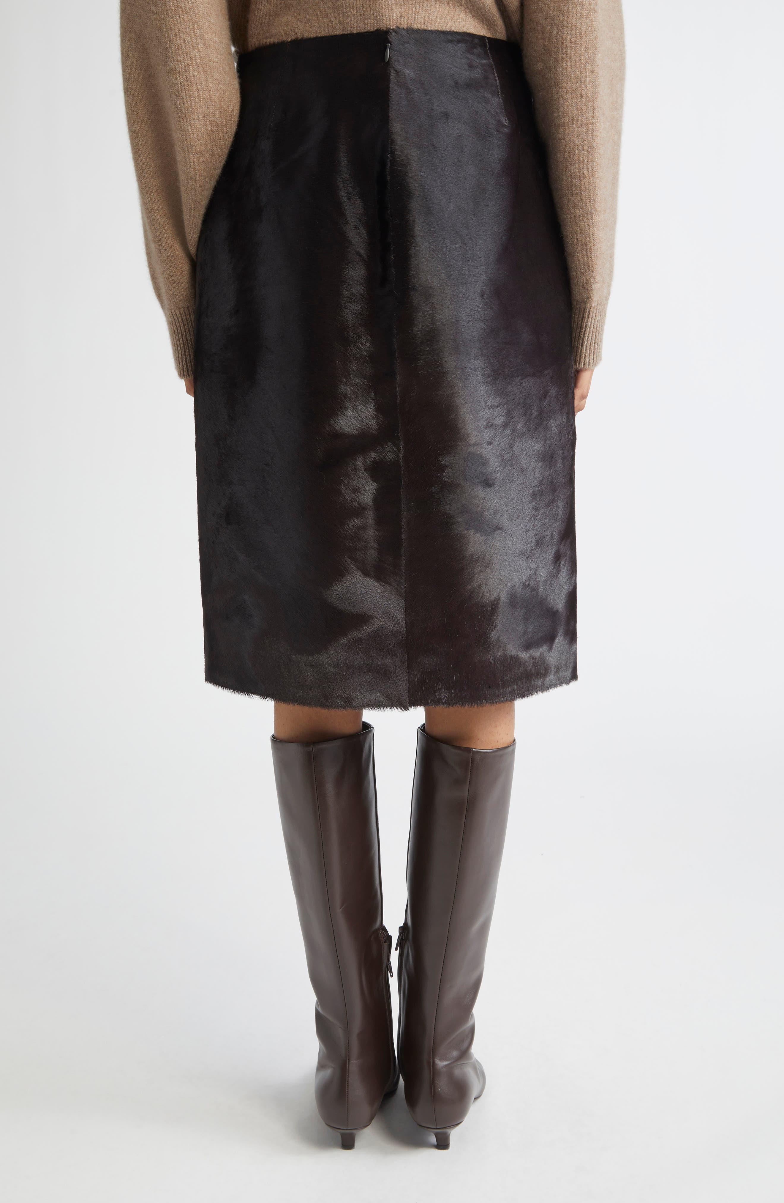 LOULOU DE SAISON Myra Asymmetric Genuine Calf Hair Midi Skirt in Coffee at Nordstrom - 3