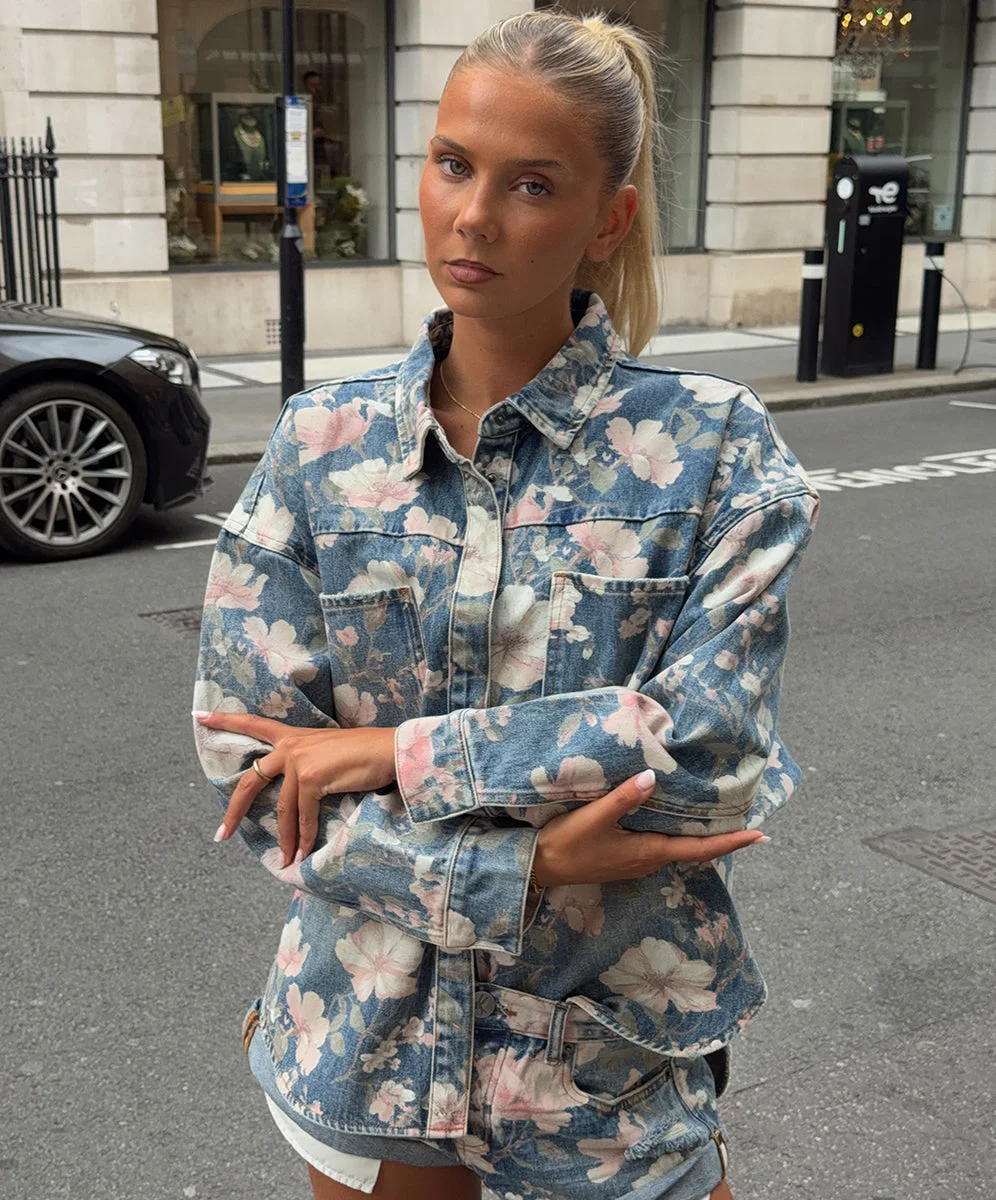 Lovelorn Daria Denim Shacket - Floral Bloom Cobaine Blue - 1