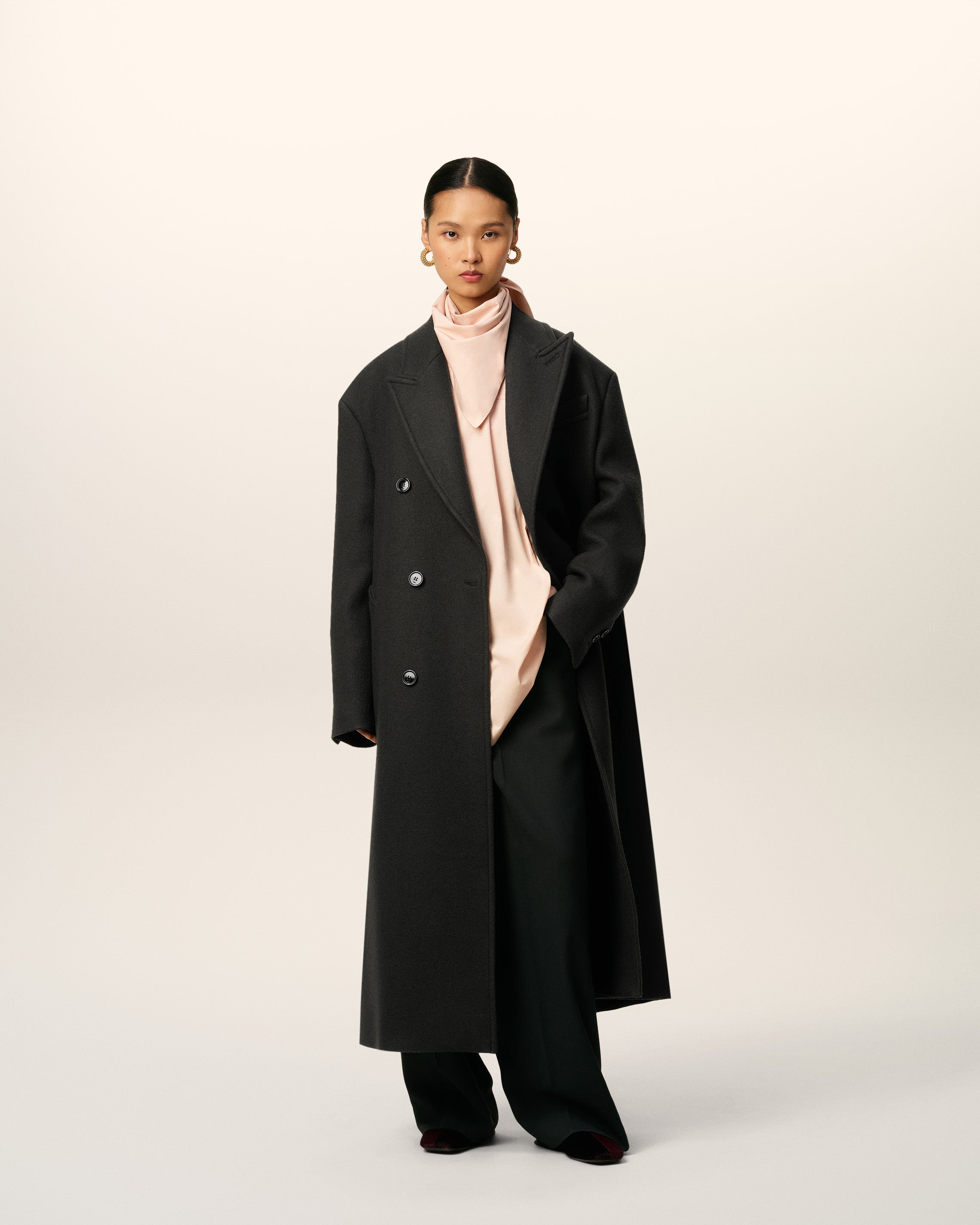 BLACK WOOL DOUBLE BREASTED LONG COAT - 2
