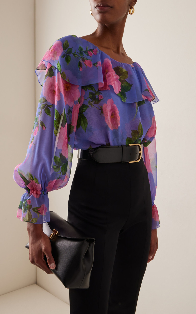 CAROLINA HERRERA Ruffled Floral Silk Chiffon Top multi outlook