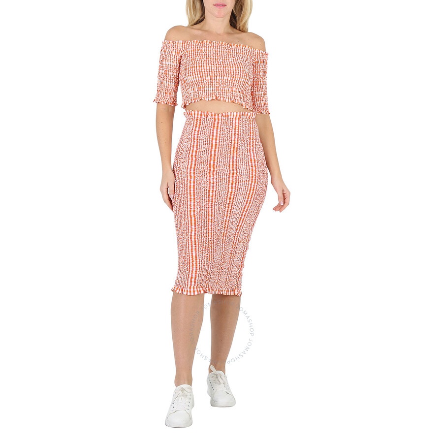 Kenzo Ladies Medium Orange Wavy Vichy Gingham Smocked Crop Top - 5