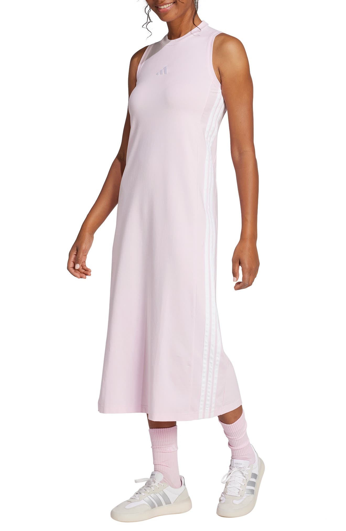 adidas Essentials 3-Stripes Racerback Midi Dress in Clear Pink/White at Nordstrom - 1