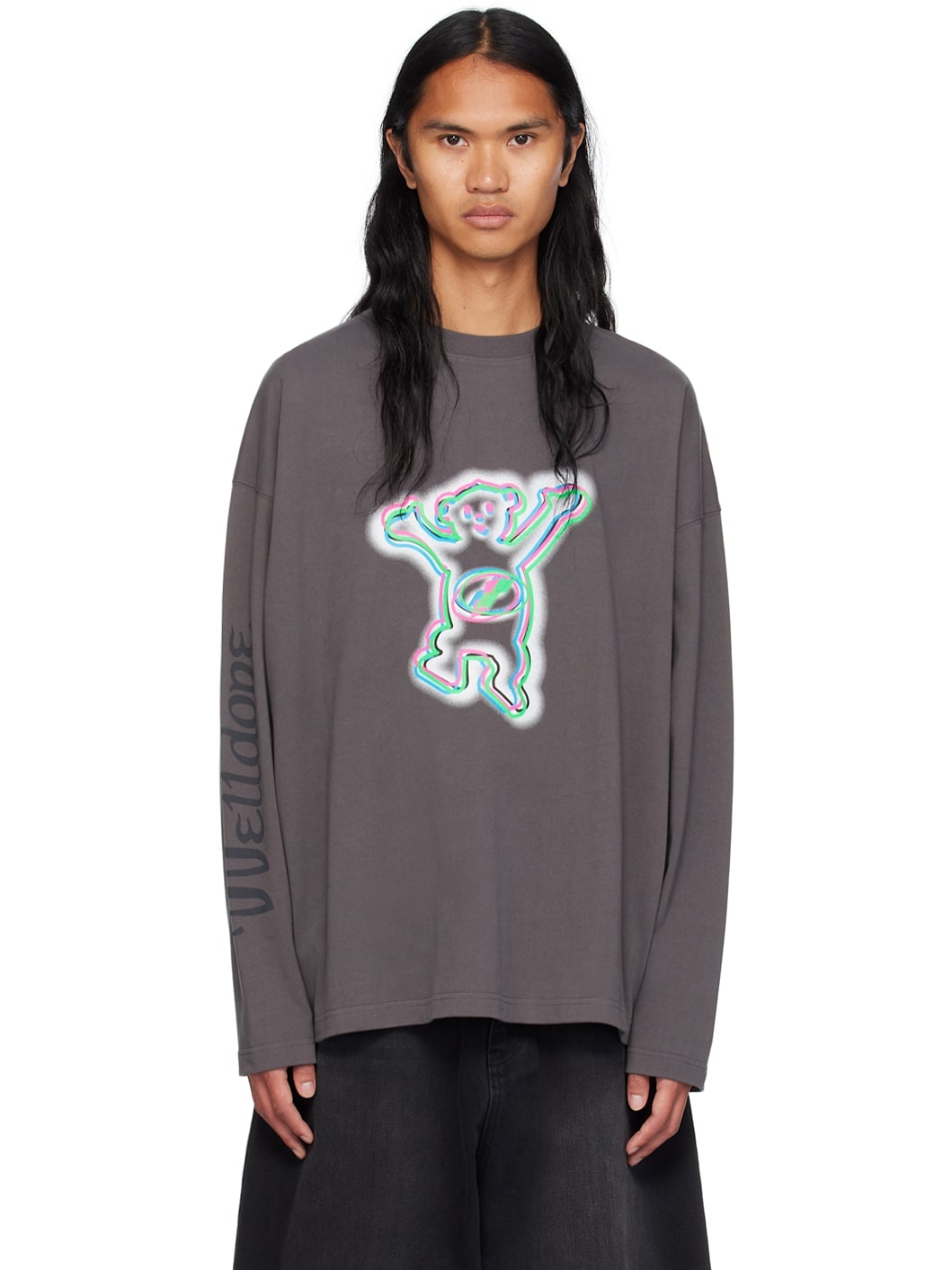 Gray Colorful Teddy Print Long Sleeve T-Shirt - 1