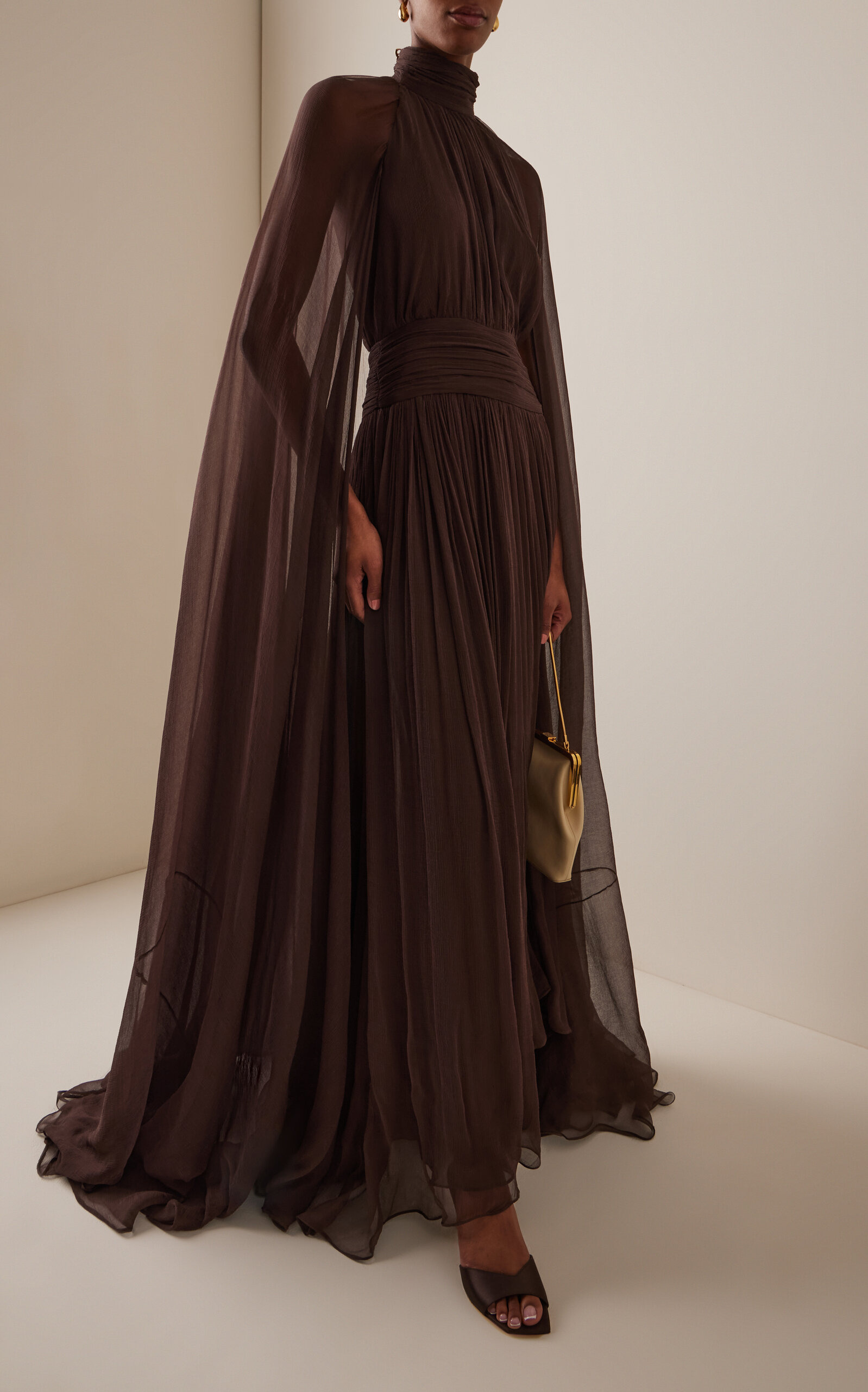 Crinkled Silk Chiffon Caftan brown - 2