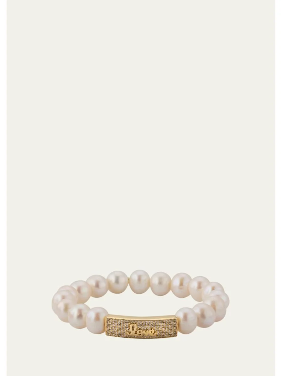 14K Diamond Love Script Pearl Stretch Bracelet - 1