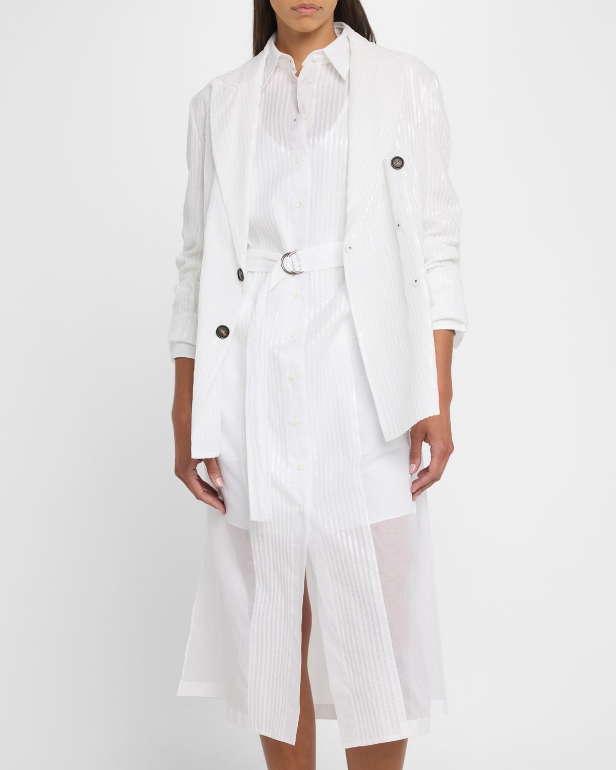 Sequined Stripe Double-Breasted Organza Jacket - 4