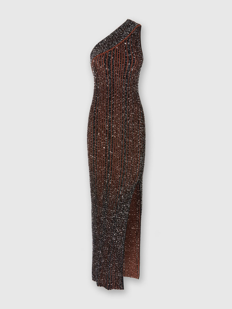 Long one-shoulder ribbed dress with sequins and slit 1