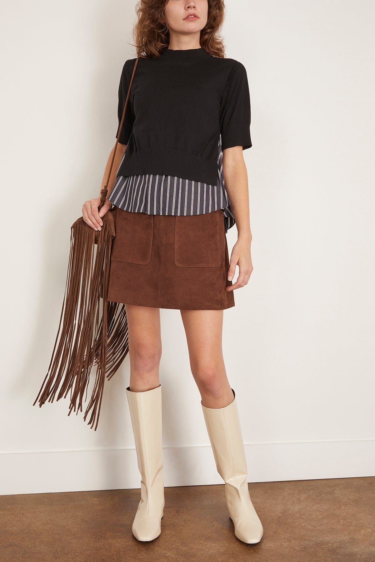 Poplin x Knit Pullover in Black/Dark Navy Stripe - 2