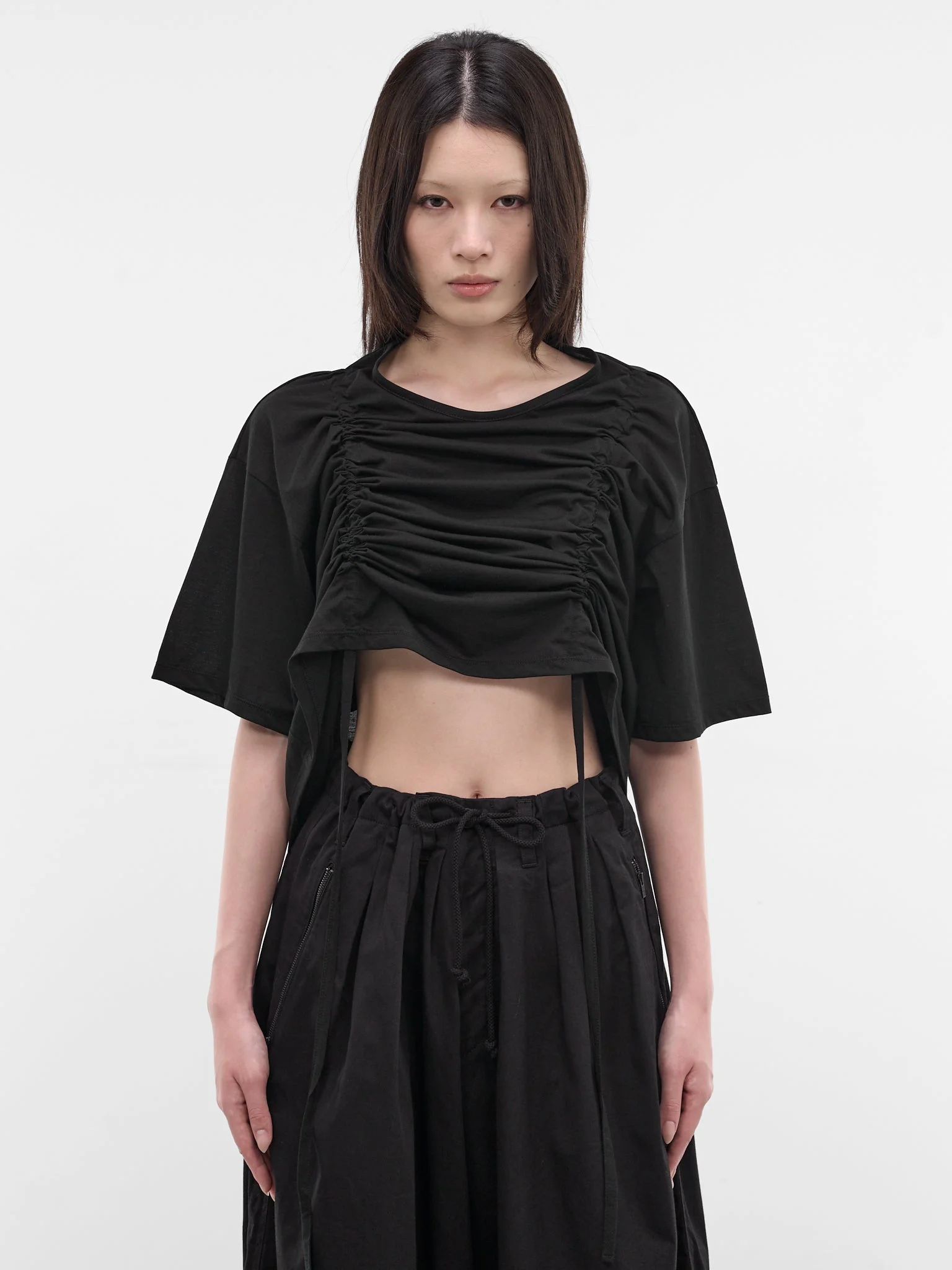 Black Gathered Front Crop Tee - 1
