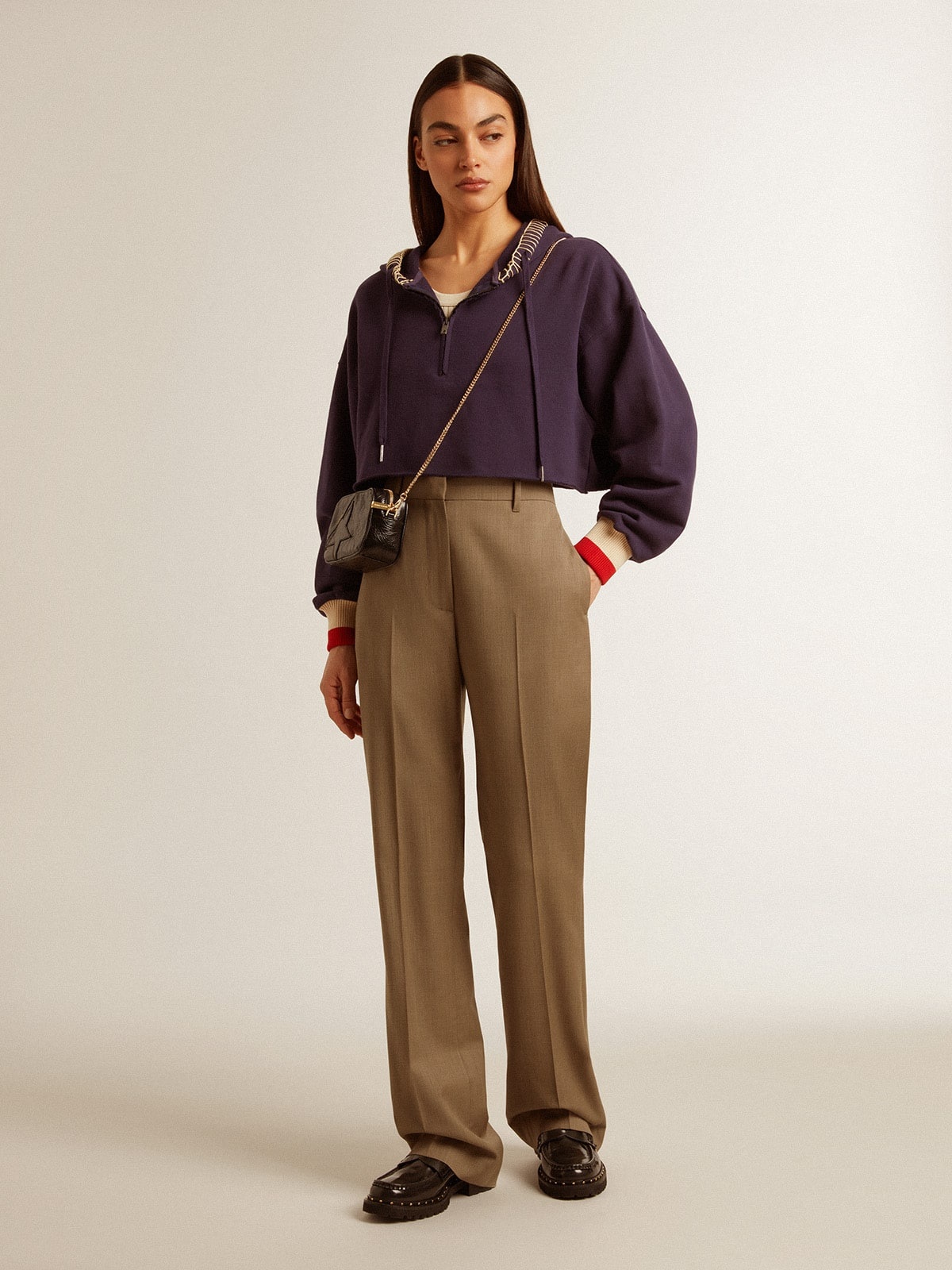 Dark blue cropped sweatshirt with zip fastening and embroidered hood - 3