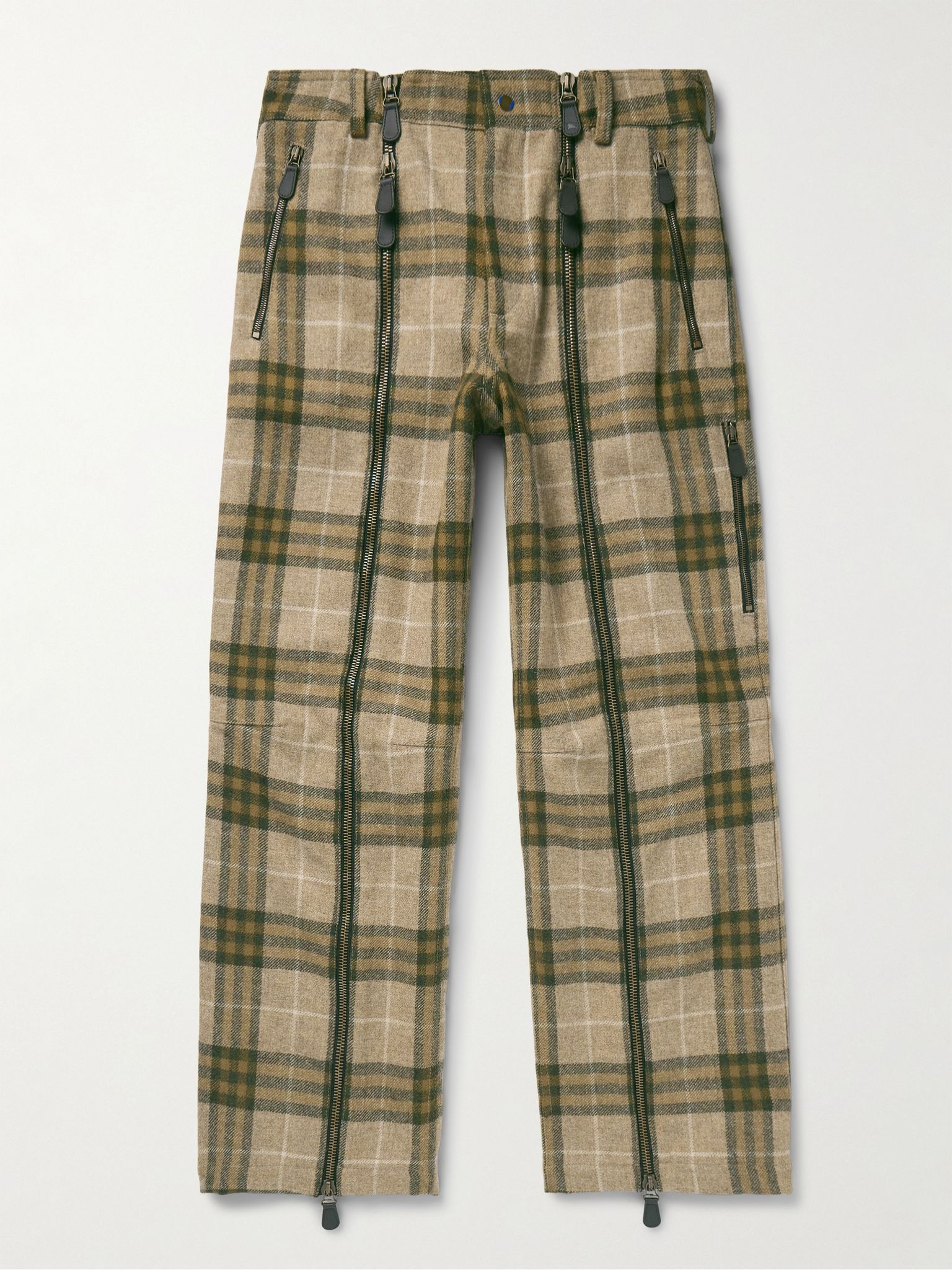 Straight-Leg Zip-Detailed Checked Wool Trousers Green - 1